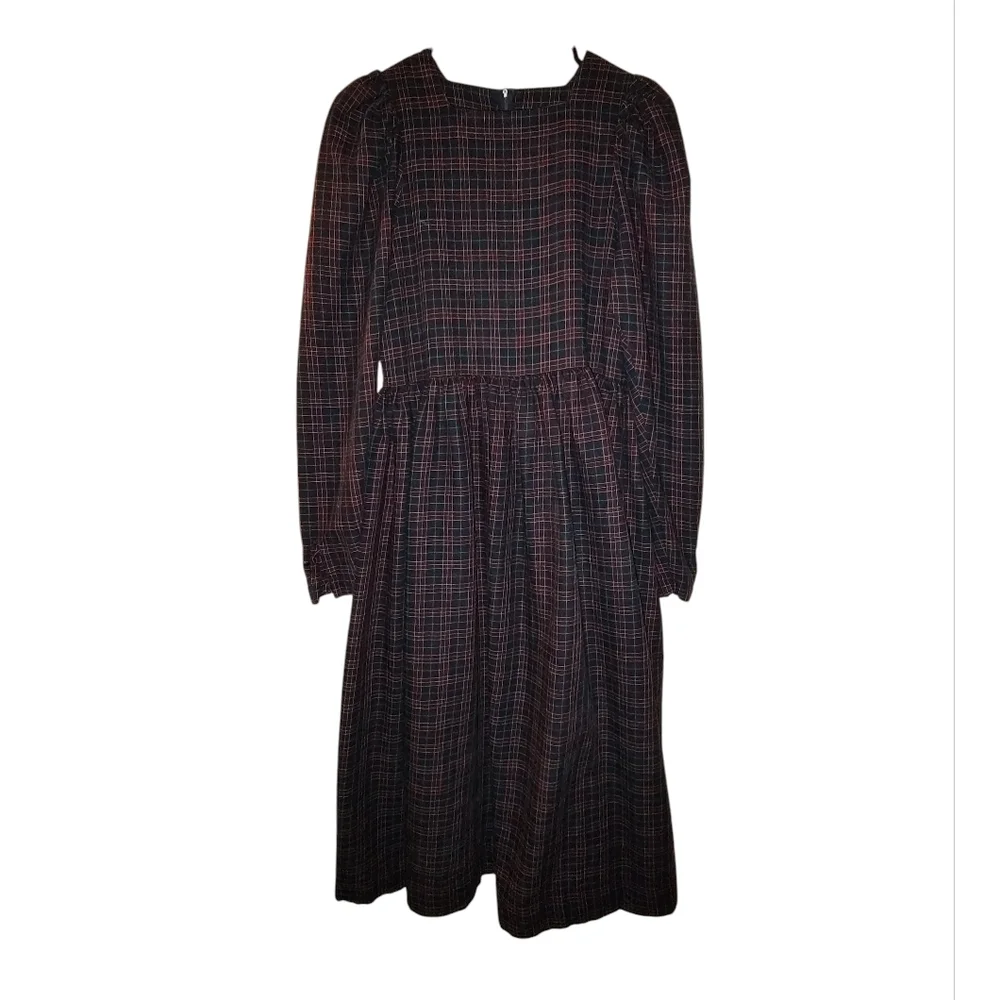 Laura Ashley Vintage Dark Plaid Long Sleeve Prairie Dress - Picture 2 of 5